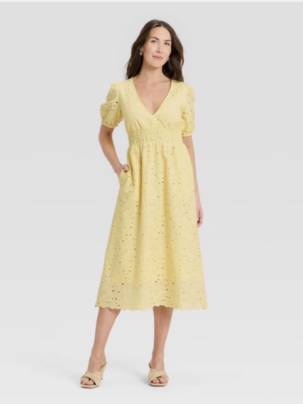 A New Day Women's Puff Elbow Sleeve Eyelet Midi Empire Waist Dress Yellow NWT